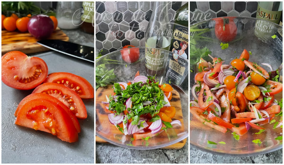 Montage en trois images : tomates rouges tranchées, légumes dans un saladier avec persil et oignon rouge, puis salade de tomates mélangée avec tomates cerises orange et assaisonnement.