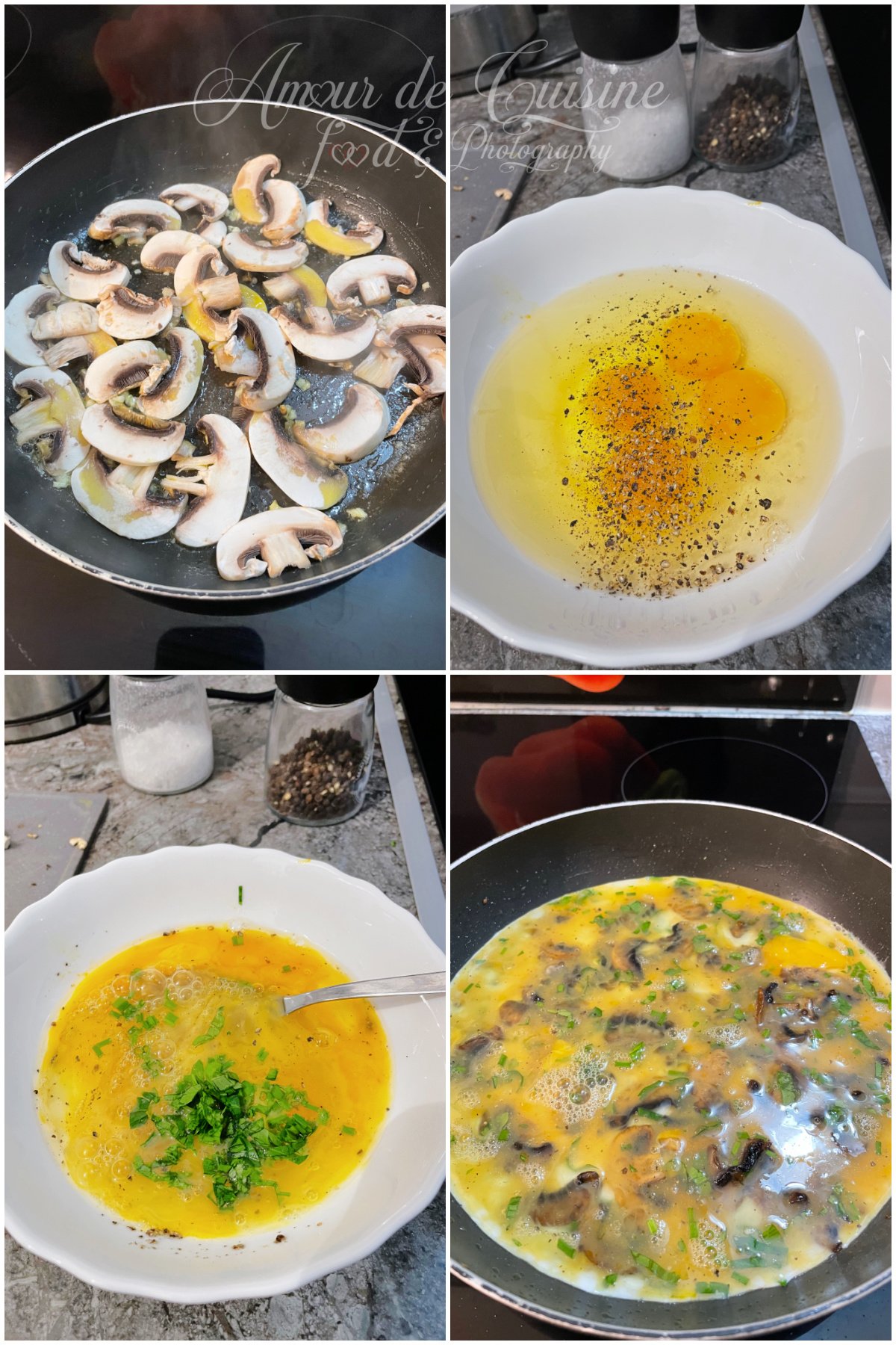 Montage en 4 étapes : champignons émincés qui reviennent à la poêle, œufs crus assaisonnés sel-poivre, œufs battus avec herbes, puis mélange œufs-champignons qui cuit dans la poêle.
