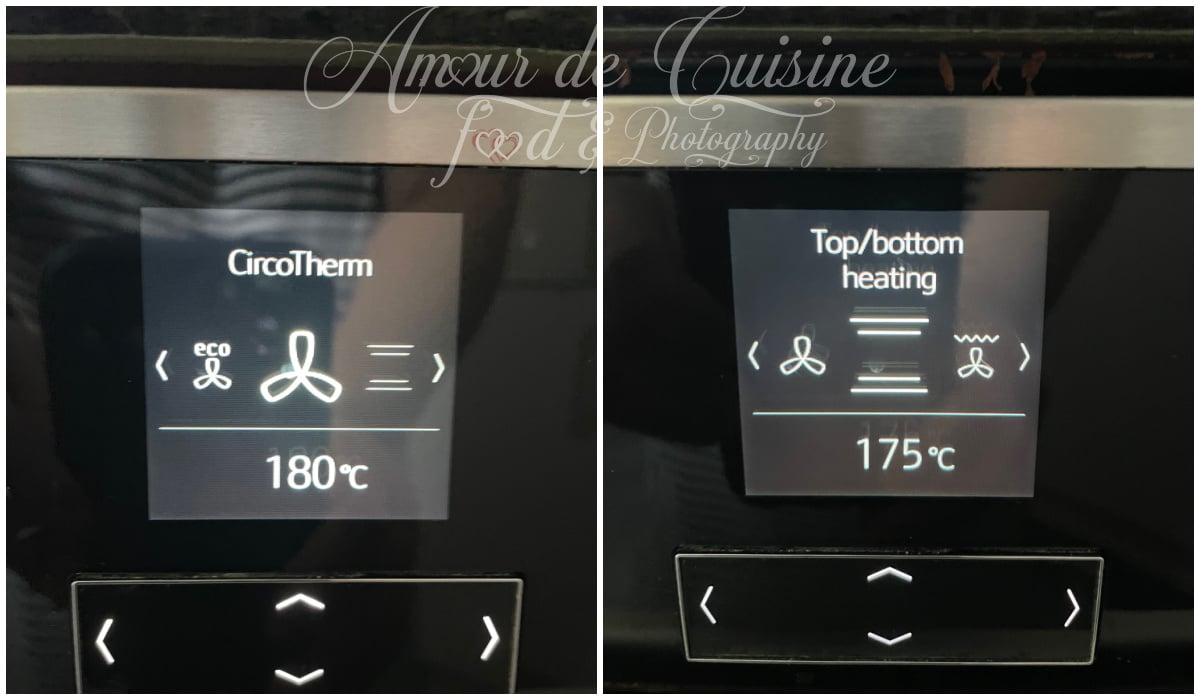 Écran d’un four montrant deux modes de cuisson : à gauche “CircoTherm” (chaleur tournante) à 180 °C avec l’icône ventilateur, à droite “Top/bottom heating” (chaleur statique haut/bas) à 175 °C.