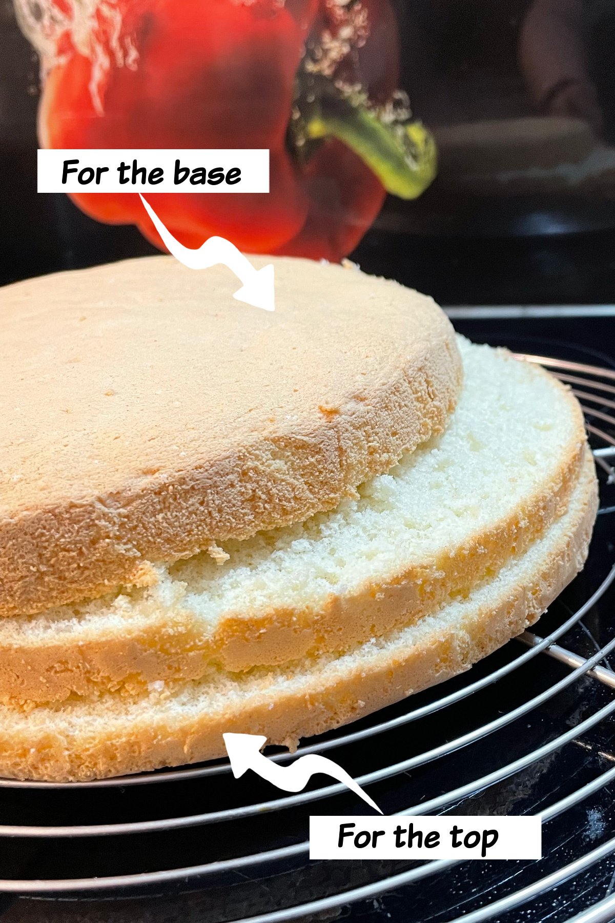 Sponge cake cut into three layers on a cooling rack, with labels showing the domed layer should go on the bottom (“will be the base”) and the flattest side should be placed on top (“will be the top”) for a straight layer cake.