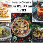 Montage photo du menu de la semaine du 09/03 au 15/03 avec quesadillas au poulet, pizza margherita, pommes de terre à la viande hachée, gaufres salées et pomme au four en dessert