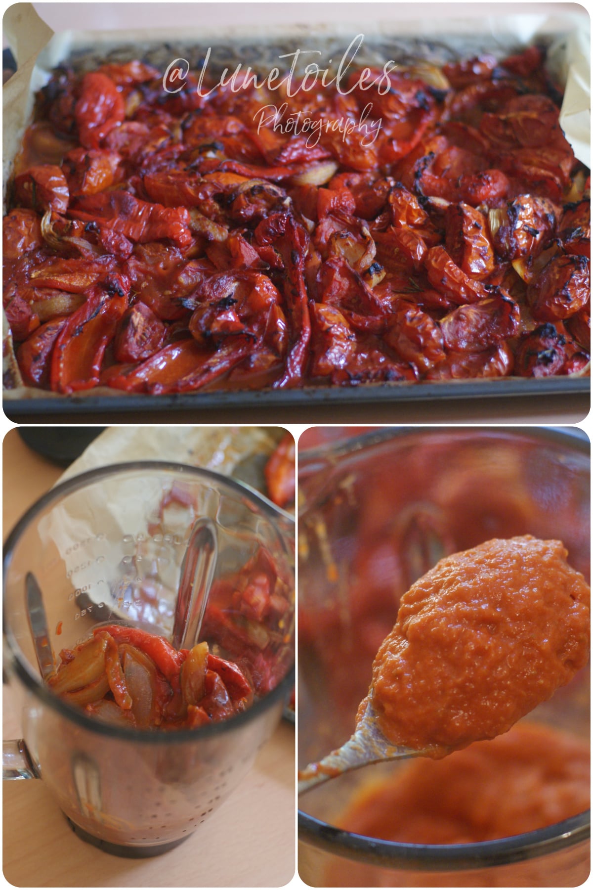 Légumes rôtis au four pour sauce tomate maison, puis mixés au blender pour obtenir une sauce aux tomates rôties épaisse et onctueuse.