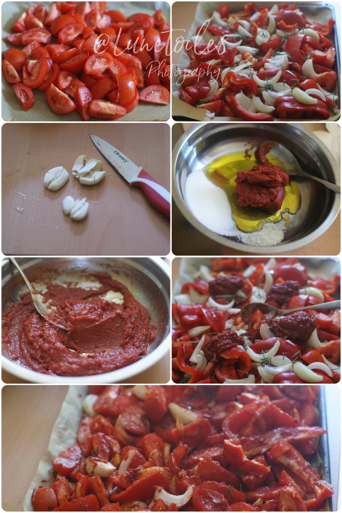 Étapes de préparation d’une sauce aux tomates rôties avec tomates coupées, poivrons rouges, oignon, ail, romarin et concentré de tomate avant cuisson au four.