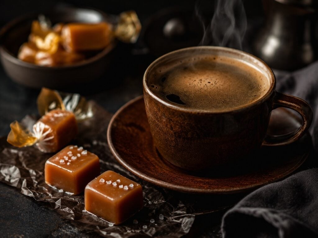 café accompagné de bonbons au caramel