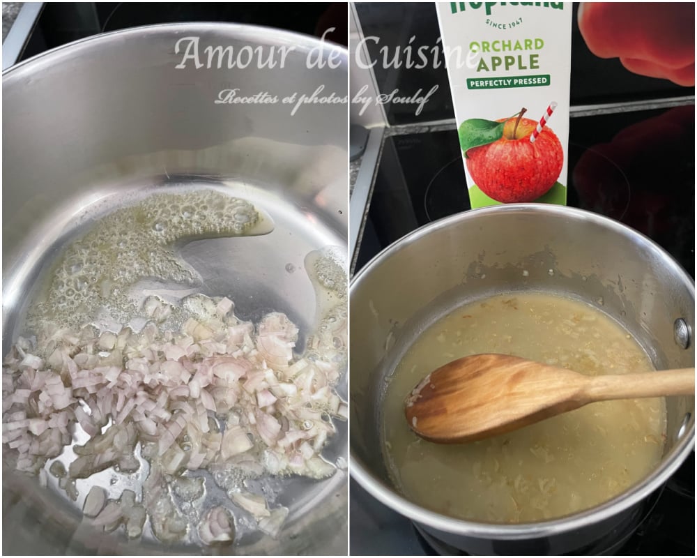 faire sauter les echalotes pour la sauce au foie gras au jus de pomme